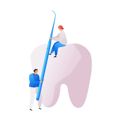 Medical center flat composition with small characters of dental doctors touching human tooth vector illustration