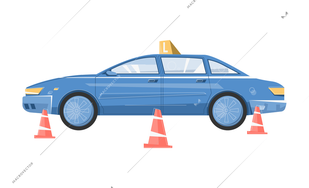 Driving school flat composition with isolated image of test car surrounded by traffic cones vector illustration