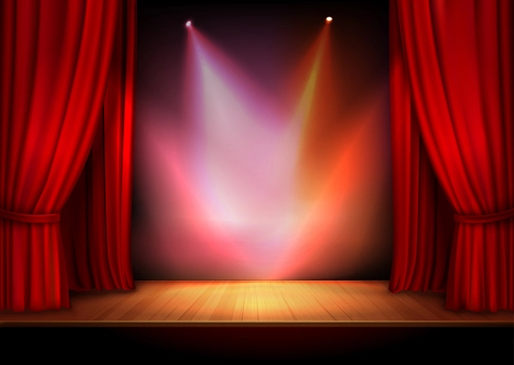 Red stage open theater velvet curtain with lights spots vector illustration