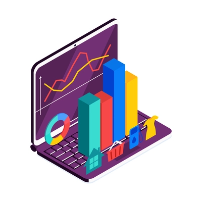 Isometric online mobile bank composition with icons of laptop infographic bars and currency charts vector illustration