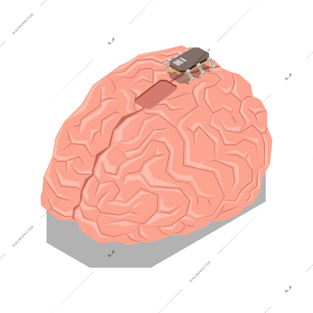 Nanotechnology isometric composition with isolated image of human brain with moving chip vector illustration