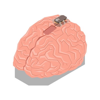 Nanotechnology isometric composition with isolated image of human brain with moving chip vector illustration