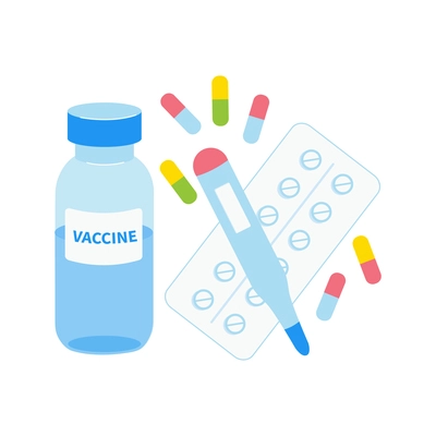 Flu viral diseases flat composition with isolated images of vaccine vial electronic thermometer and pills vector illustration