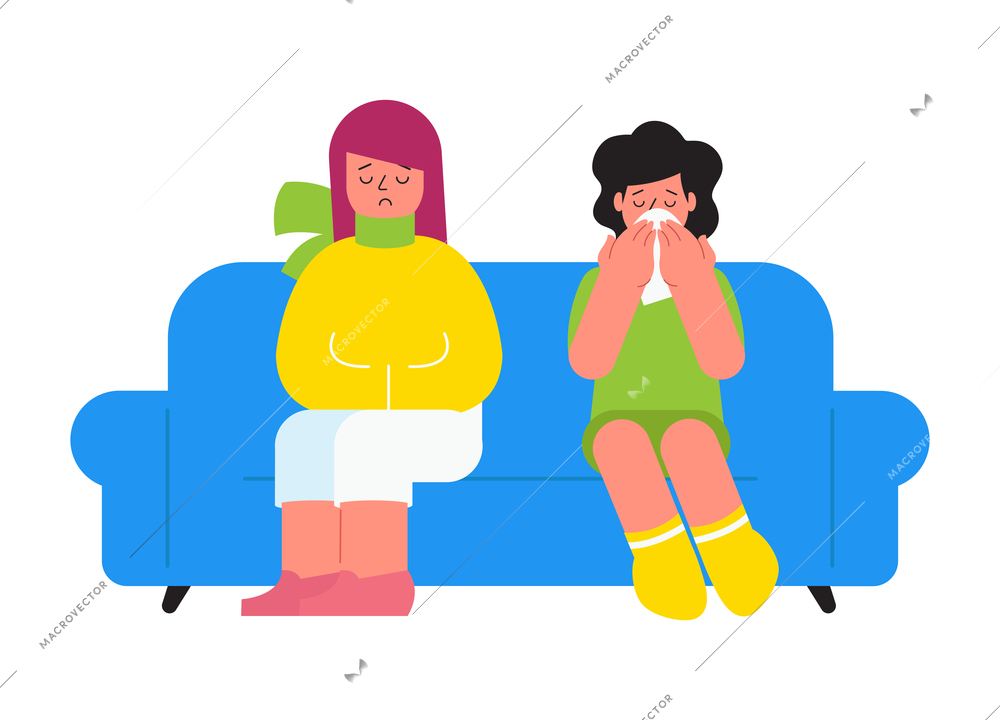 Flu viral diseases flat composition with doodle style characters of sick girls sitting on sofa vector illustration