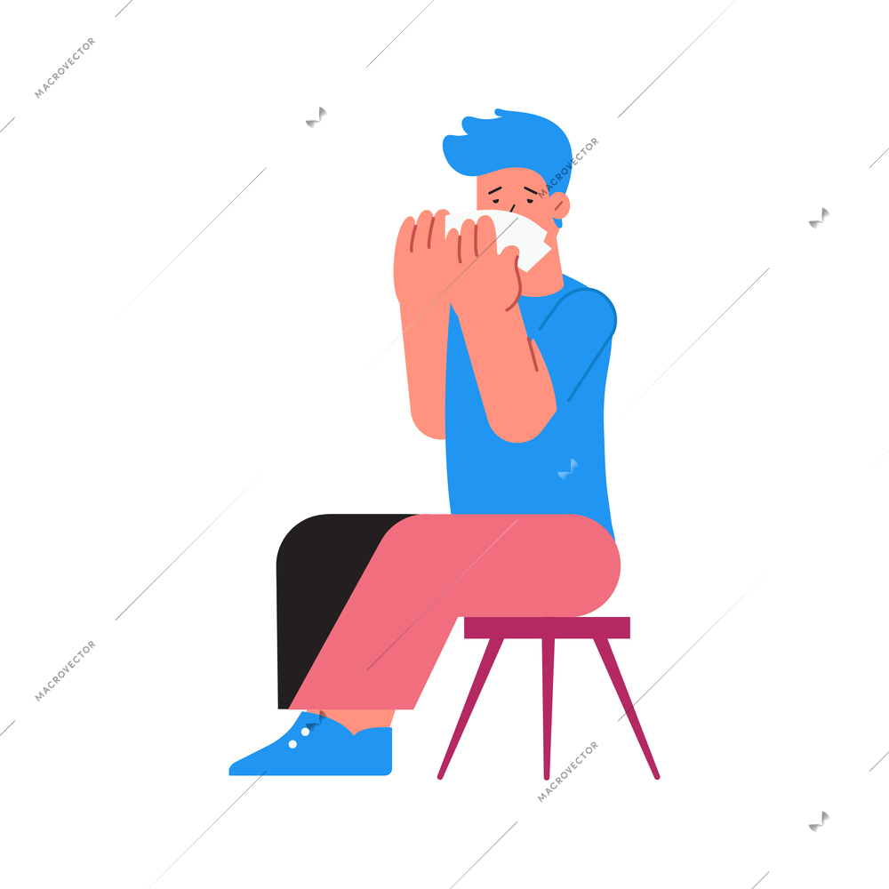 Flu viral diseases flat composition with doodle style character of sneezing man vector illustration