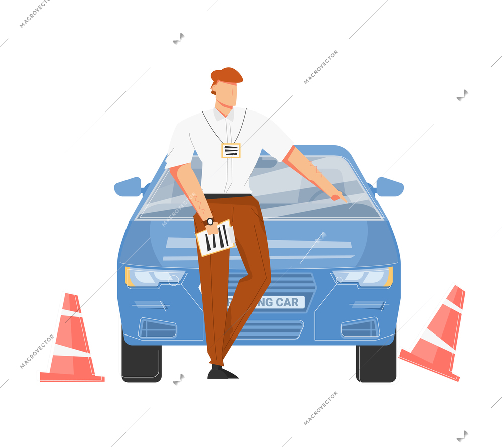 Driving school flat composition with character of instructor and car with traffic cones vector illustration