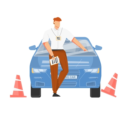 Driving school flat composition with character of instructor and car with traffic cones vector illustration