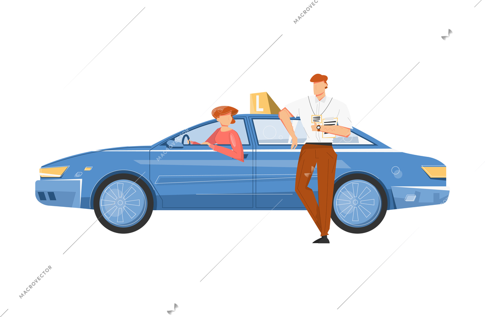 Driving school flat composition with images of test car and student with instructor vector illustration