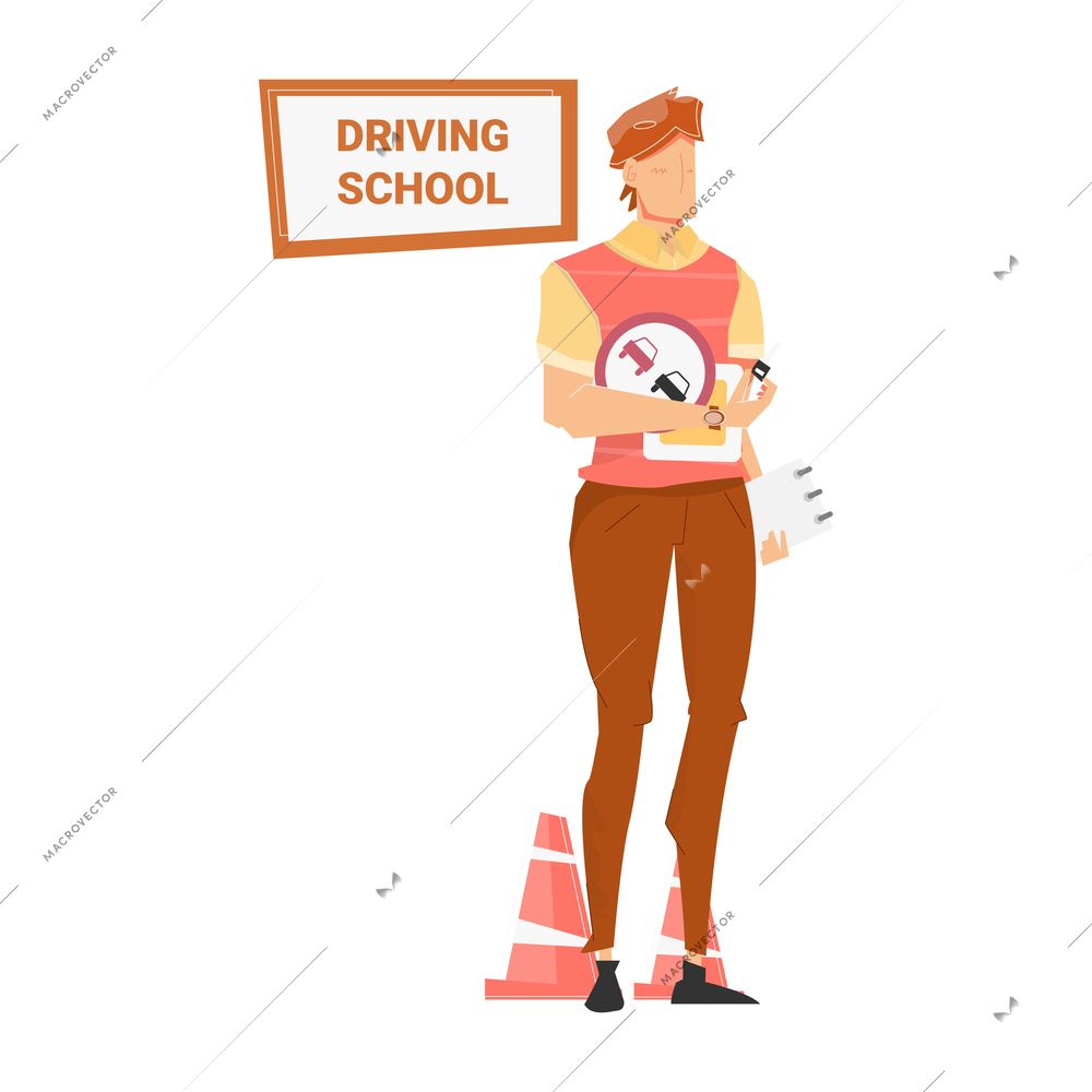 Driving school flat composition with text and male character holding bunch of road signs vector illustration