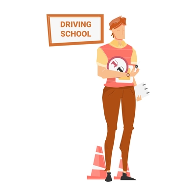 Driving school flat composition with text and male character holding bunch of road signs vector illustration