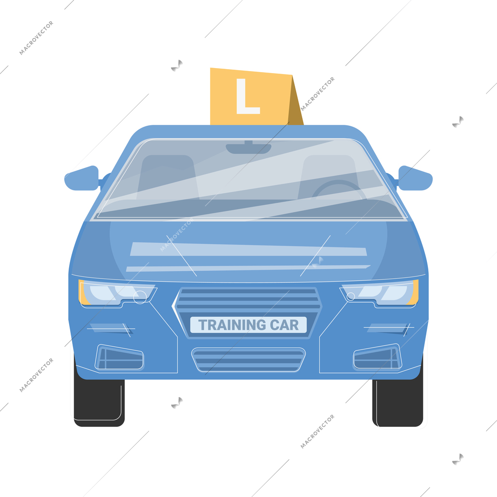 Driving school flat composition with isolated image of car with license category tag vector illustration