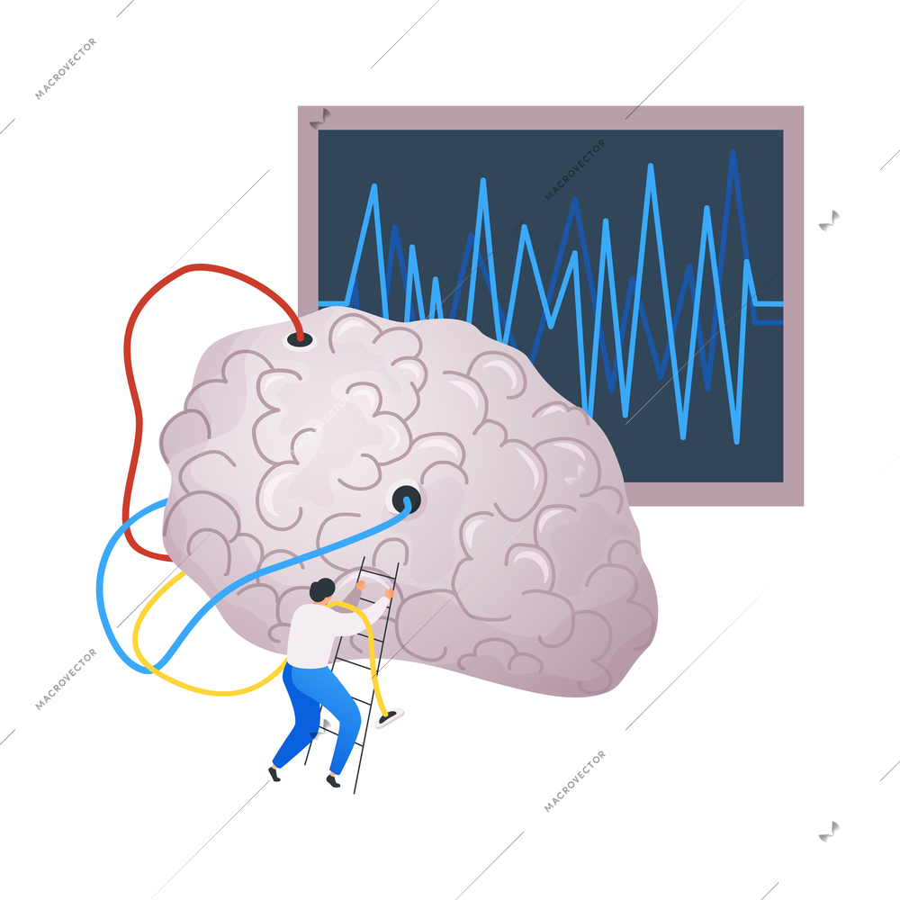 Medical center flat composition with small character of doctor with computer sensors touching human brain vector illustration