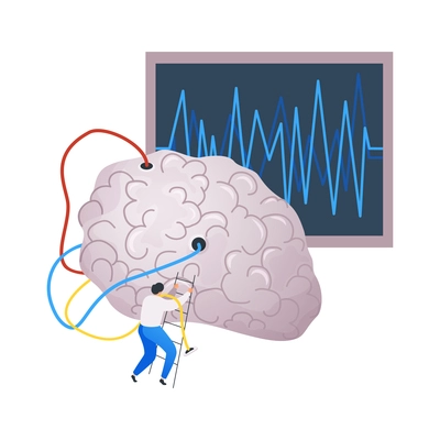 Medical center flat composition with small character of doctor with computer sensors touching human brain vector illustration