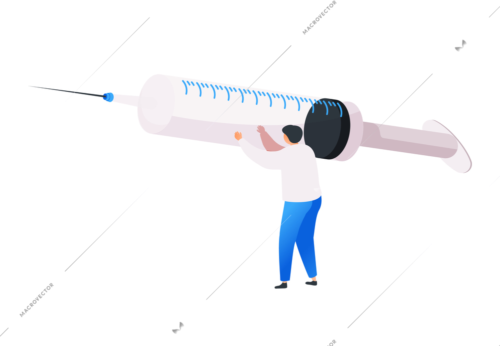 Medical center flat composition with small character of doctor holding syringe with needle vector illustration