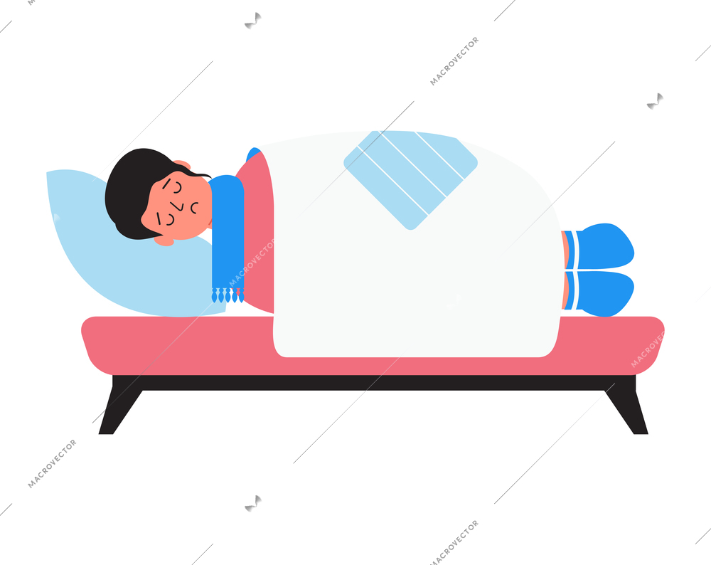 Flu viral diseases flat composition with doodle style character of sick boy lying in bed with scarf vector illustration