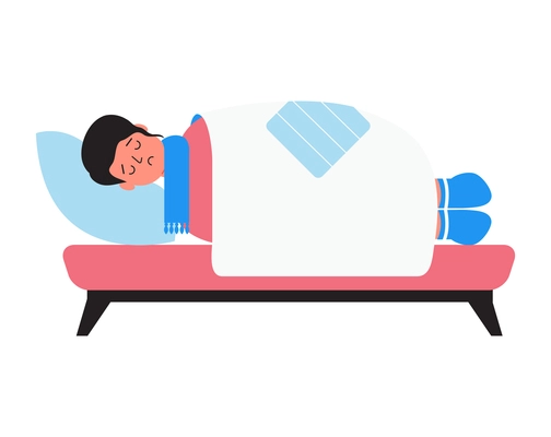 Flu viral diseases flat composition with doodle style character of sick boy lying in bed with scarf vector illustration