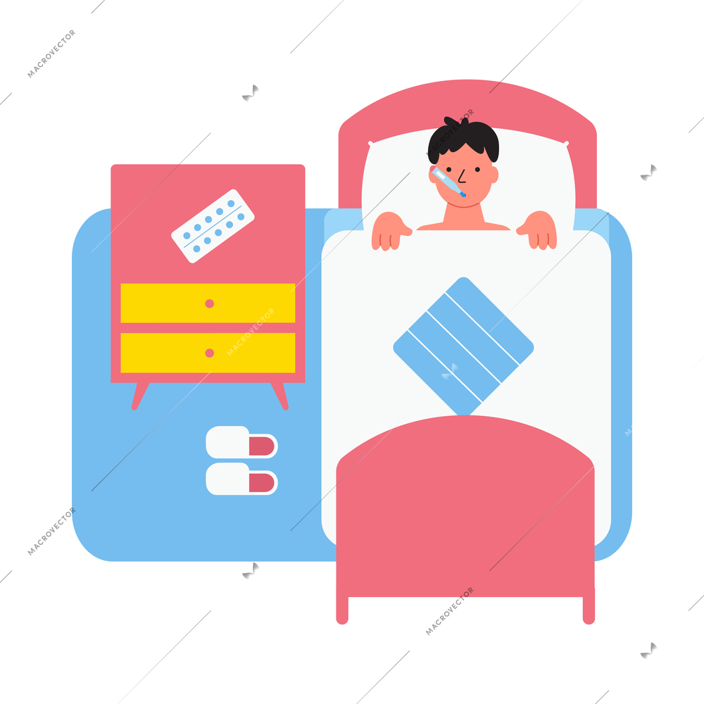 Flu viral diseases flat composition with doodle style character of male patient lying in bed with thermometer and pills vector illustration