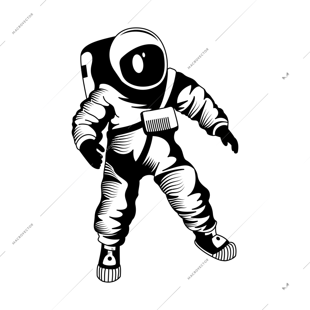 Space engraving hand drawn composition with isolated image of astronaut in spacesuit on white background vector illustration