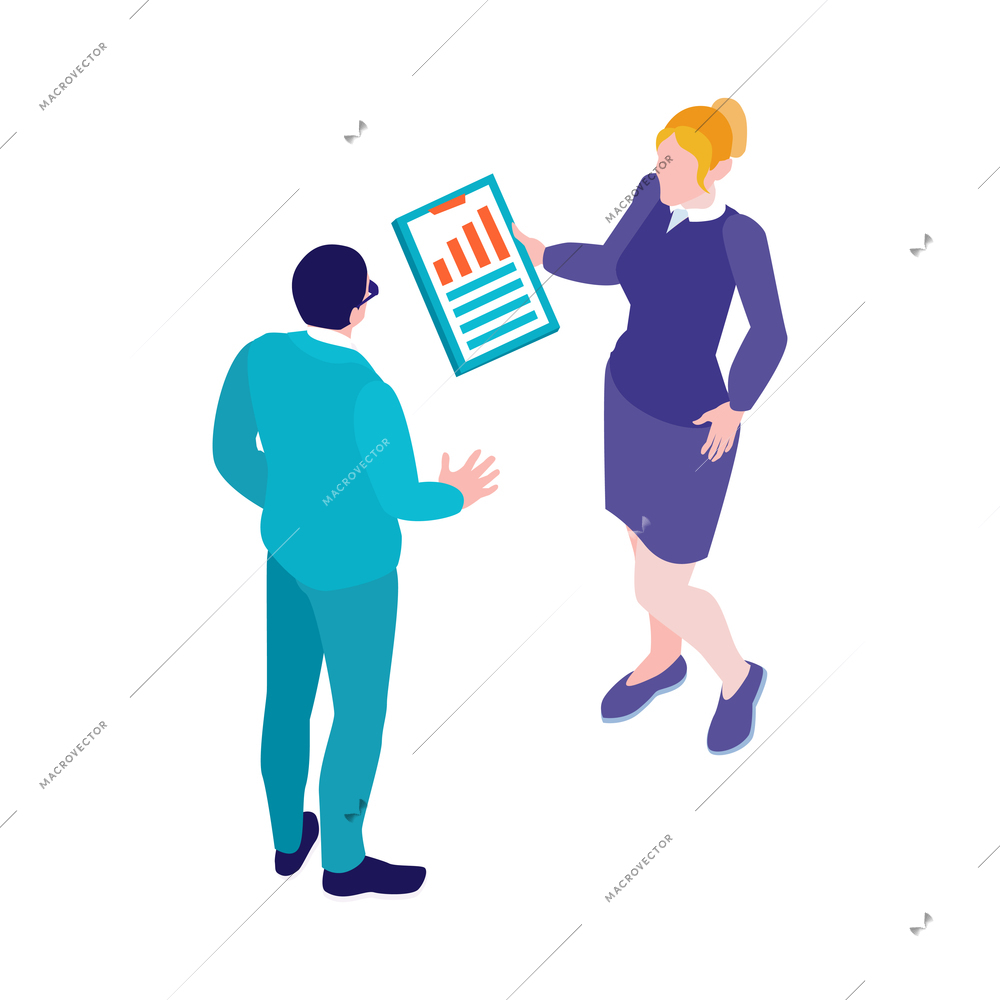 Isometric accounting financial audit composition with characters of two coworkers holding report vector illustration