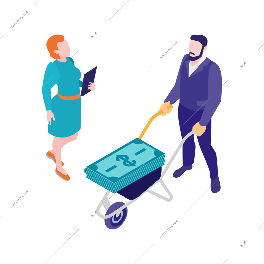 Isometric accounting financial audit composition with male character carrying bogie with cash and female accountant vector illustration