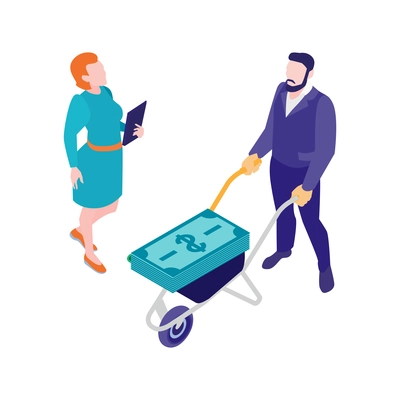 Isometric accounting financial audit composition with male character carrying bogie with cash and female accountant vector illustration