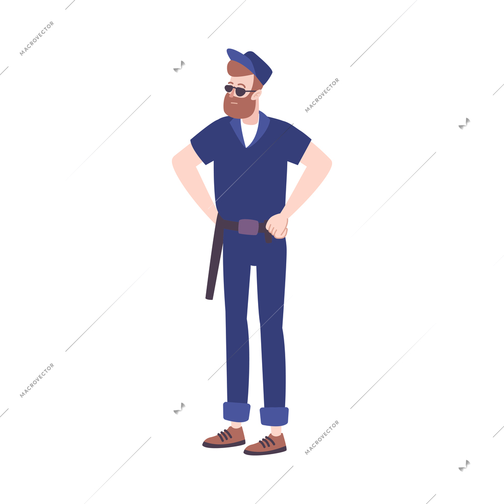 Prison flat composition with isolated human character of bearded man in police uniform vector illustration