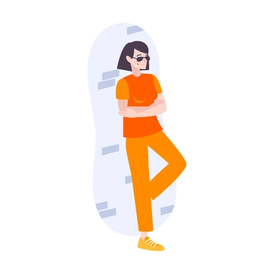 Prison flat composition with isolated human character of imprisoned girl in sunglasses smoking cigarette vector illustration