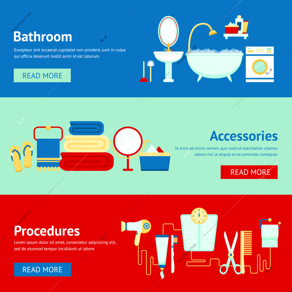 Bathroom banner flat colored set with accessories and procedures elements isolated vector illustration