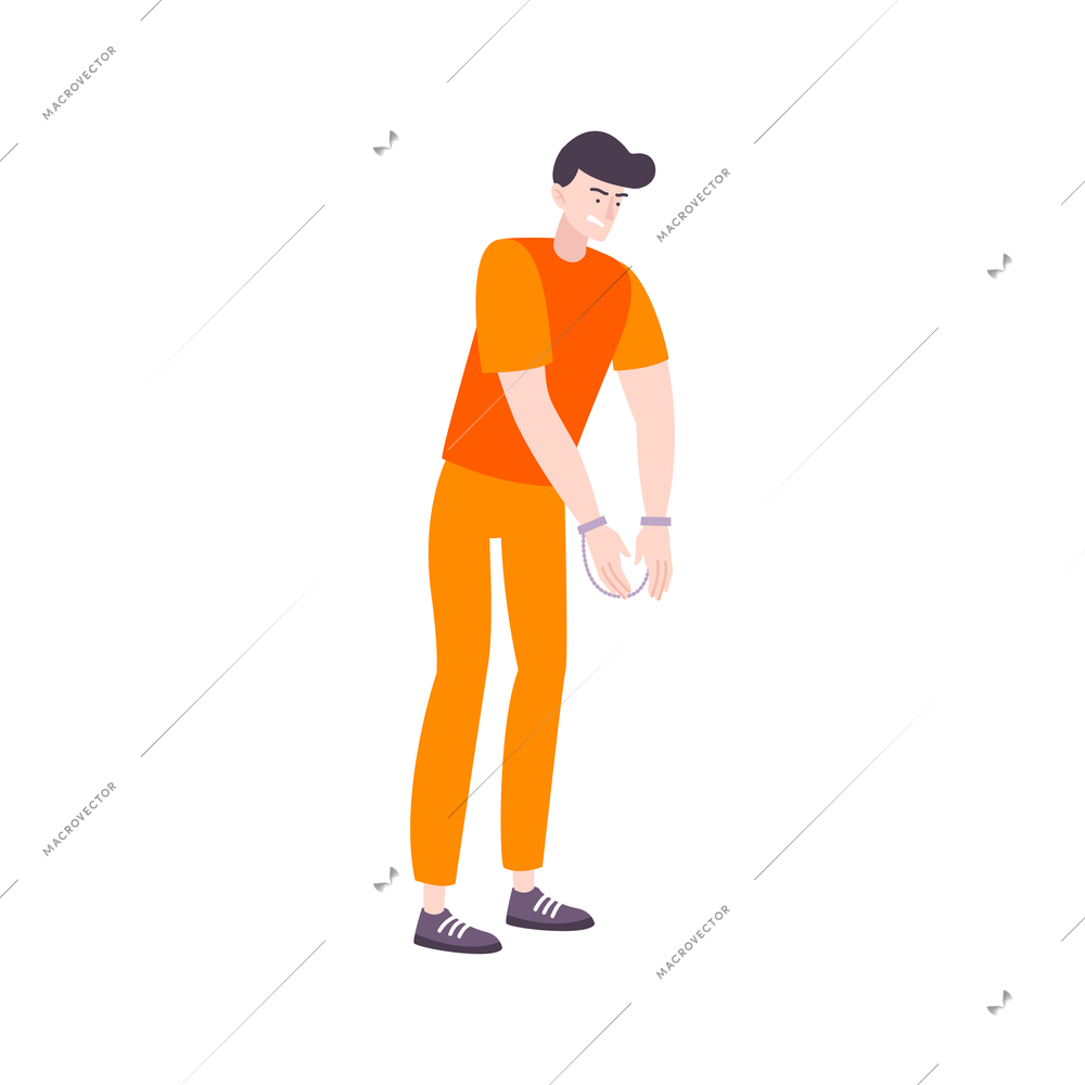 Prison flat composition with isolated human character of male prisoner with hands tied with handcuffs vector illustration