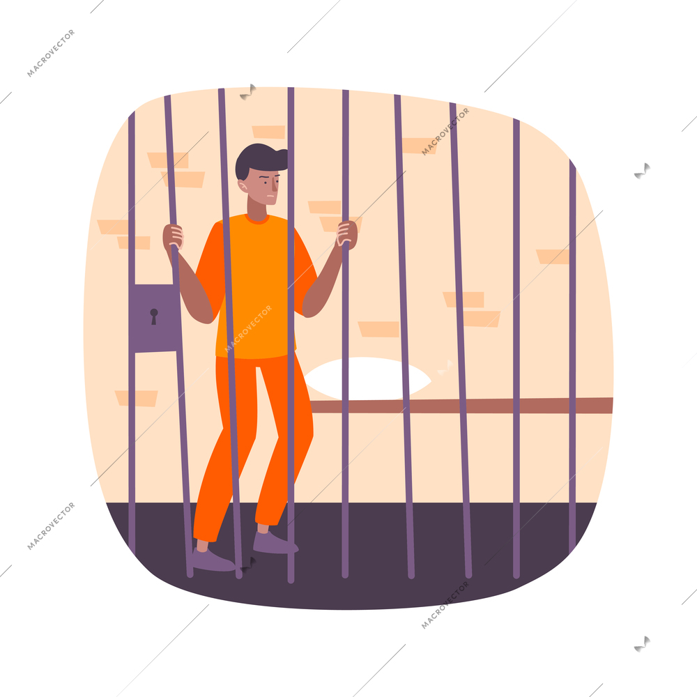 Prison flat composition with isolated human character of prisoner in orange suit behind the cage vector illustration