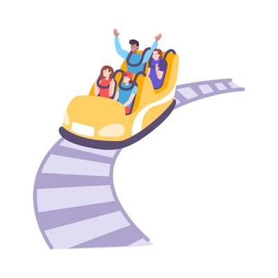 Roller coaster set flat composition with view of amusement ride and people in car moving on rails vector illustration
