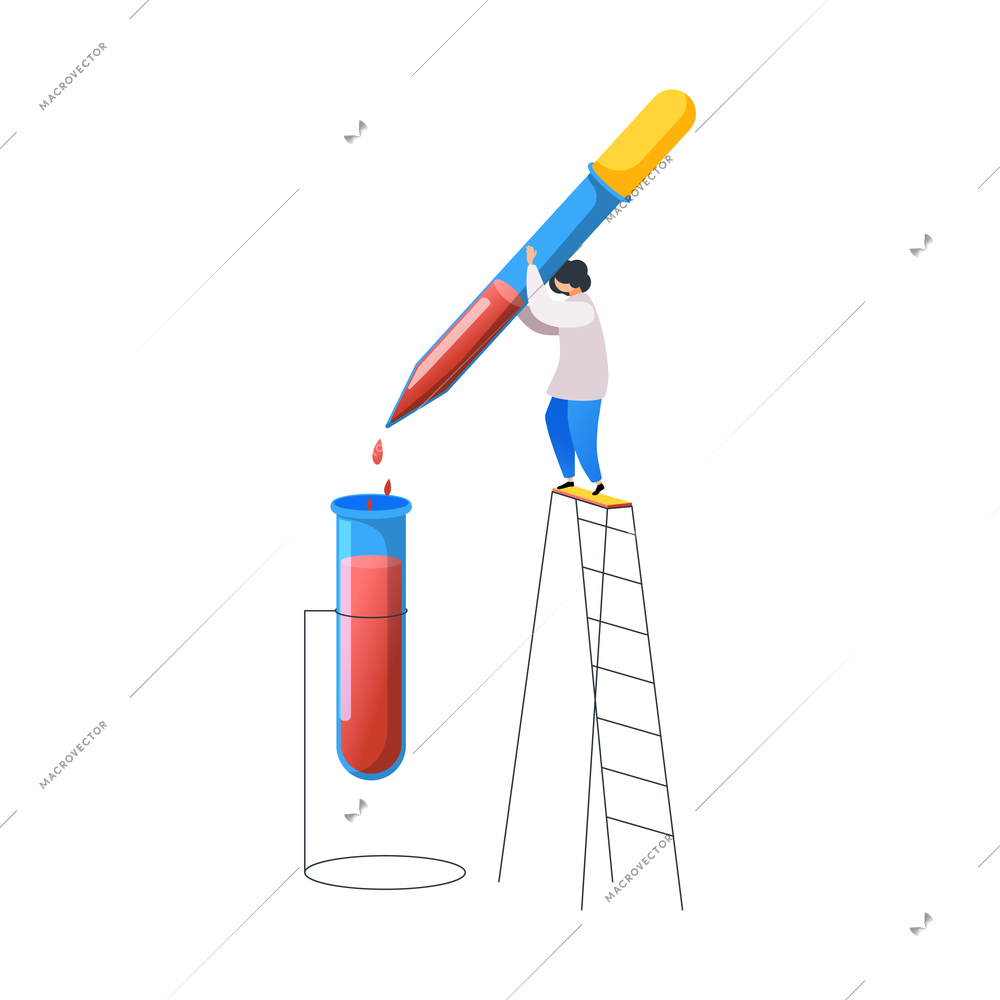 Medical center flat composition with small character of doctor dripping blood from pipette to test tube vector illustration