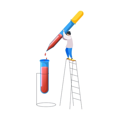 Medical center flat composition with small character of doctor dripping blood from pipette to test tube vector illustration