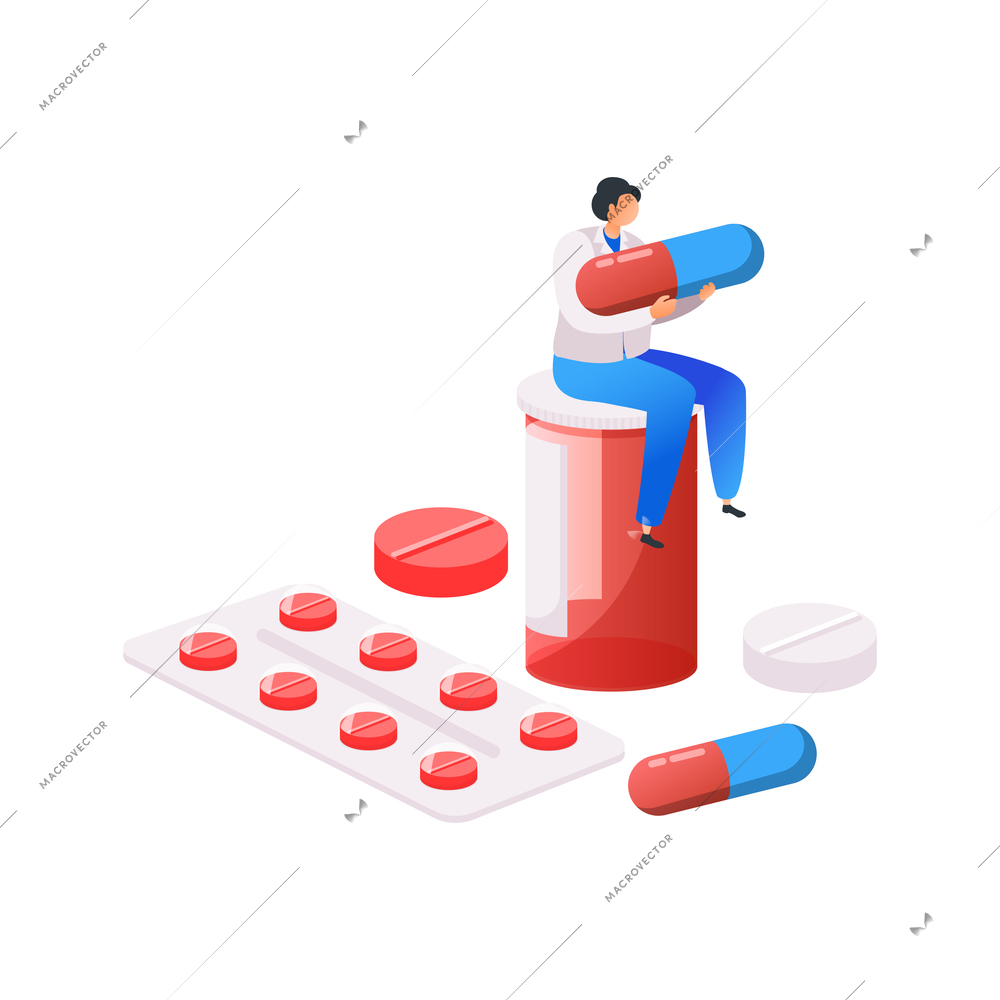 Medical center flat composition with small character of doctor sitting on pack of pills vector illustration