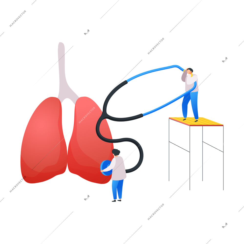 Medical center flat composition with small characters of doctors with stethoscope touching human lungs vector illustration