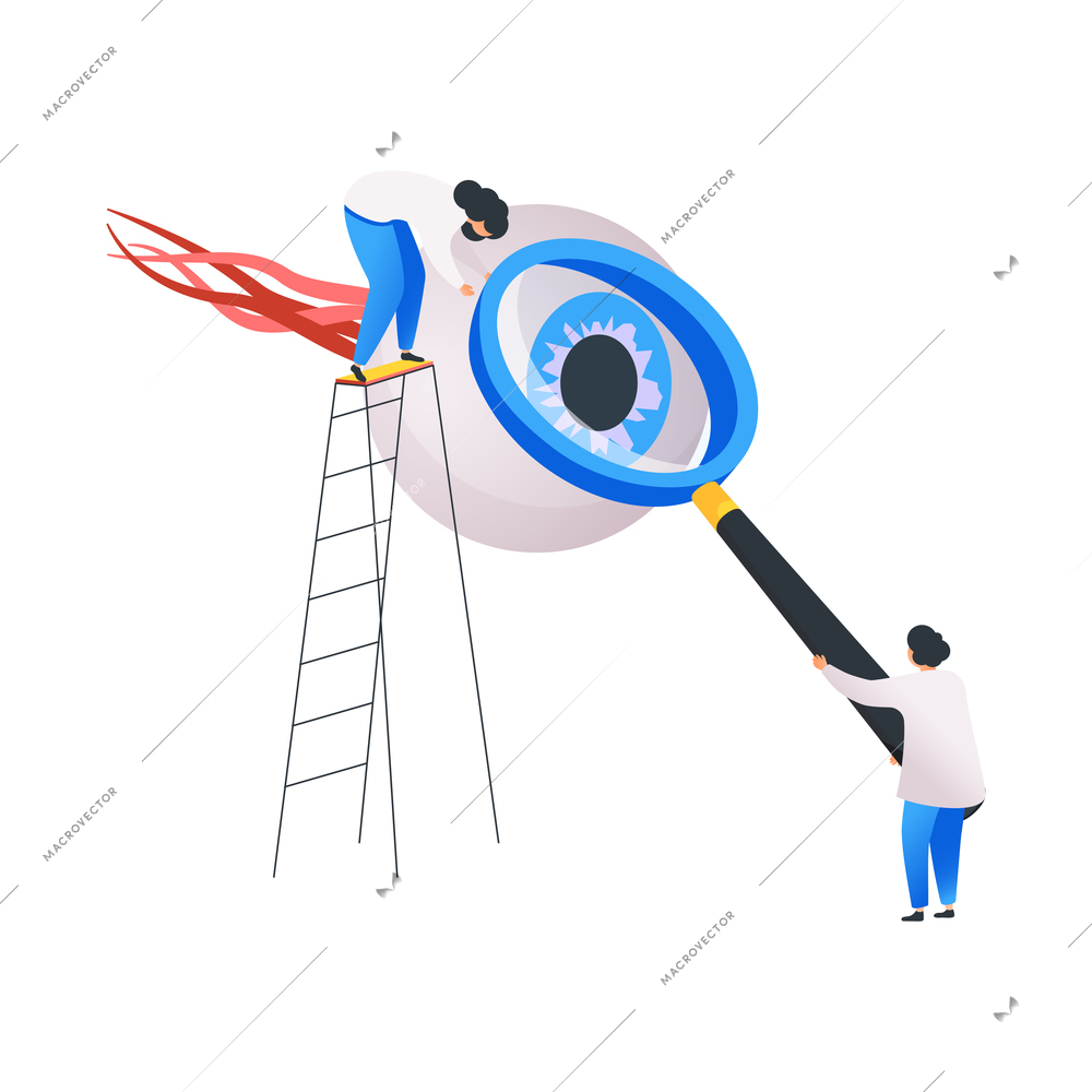 Medical center flat composition with small characters of doctors with magnifying glass touching human eye vector illustration