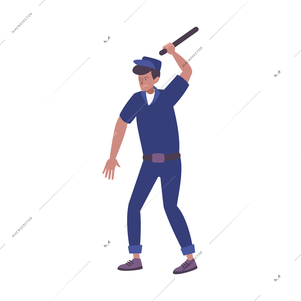 Prison flat composition with isolated human character of angry guard raising hand with billy vector illustration