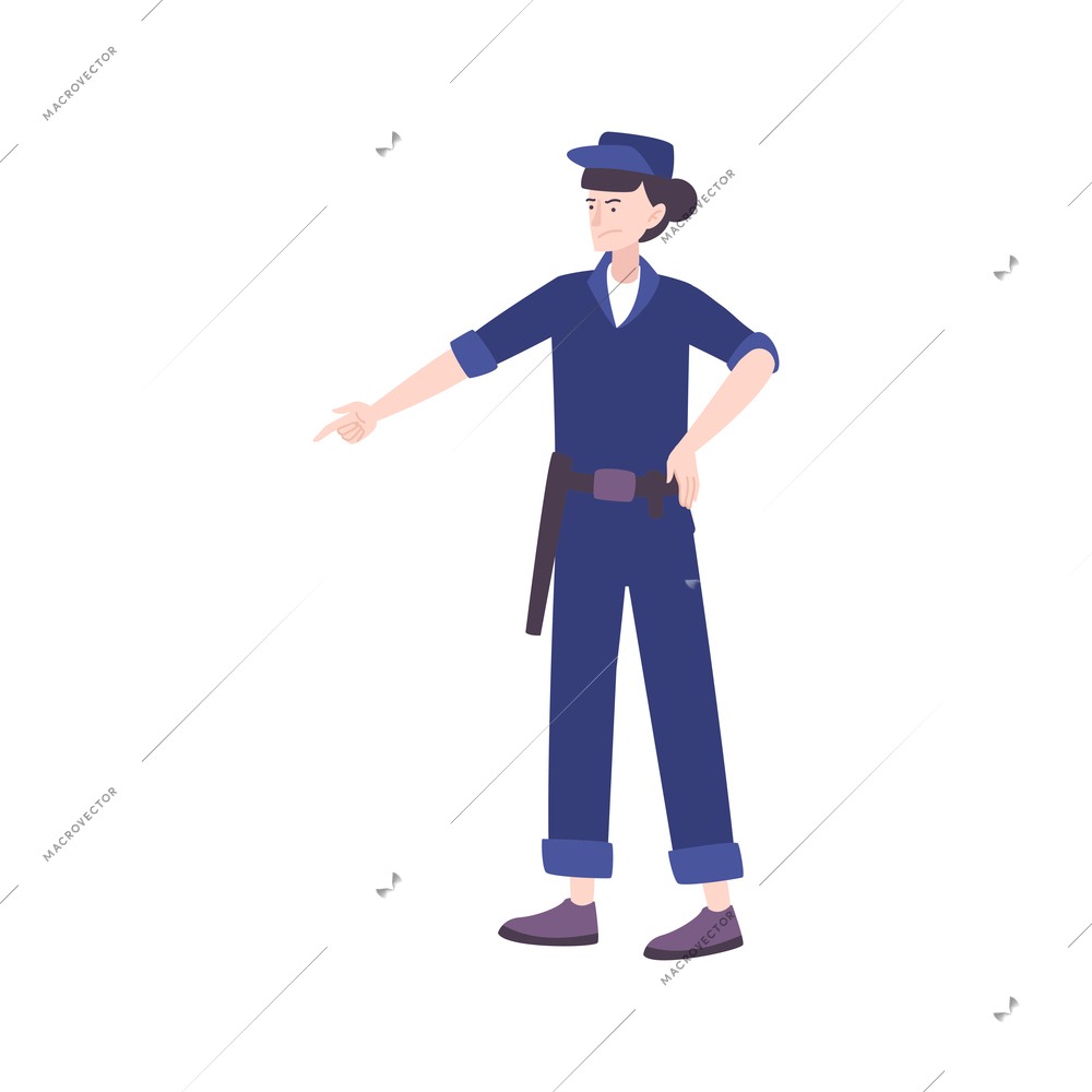 Prison flat composition with isolated human character of guard in police uniform with billy vector illustration