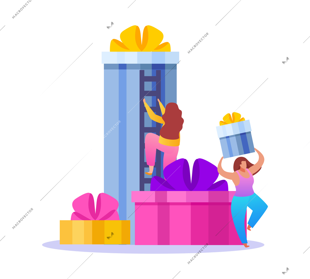 People with gifts composition with flat icons of colorful gift boxes with ribbons and small human characters vector illustration