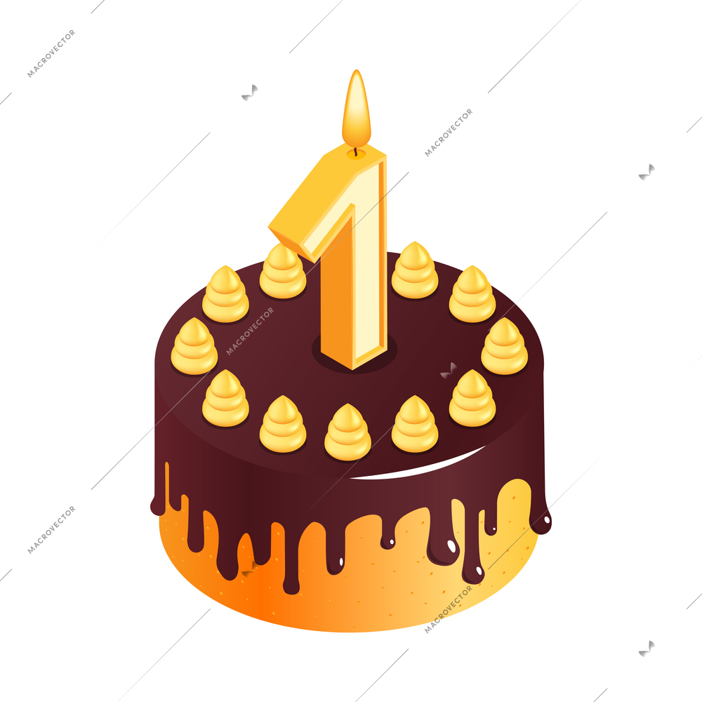 Birthday cake composition with isolated image of sweet cake for anniversary with cream toppings and digit shaped candle isometric vector illustration