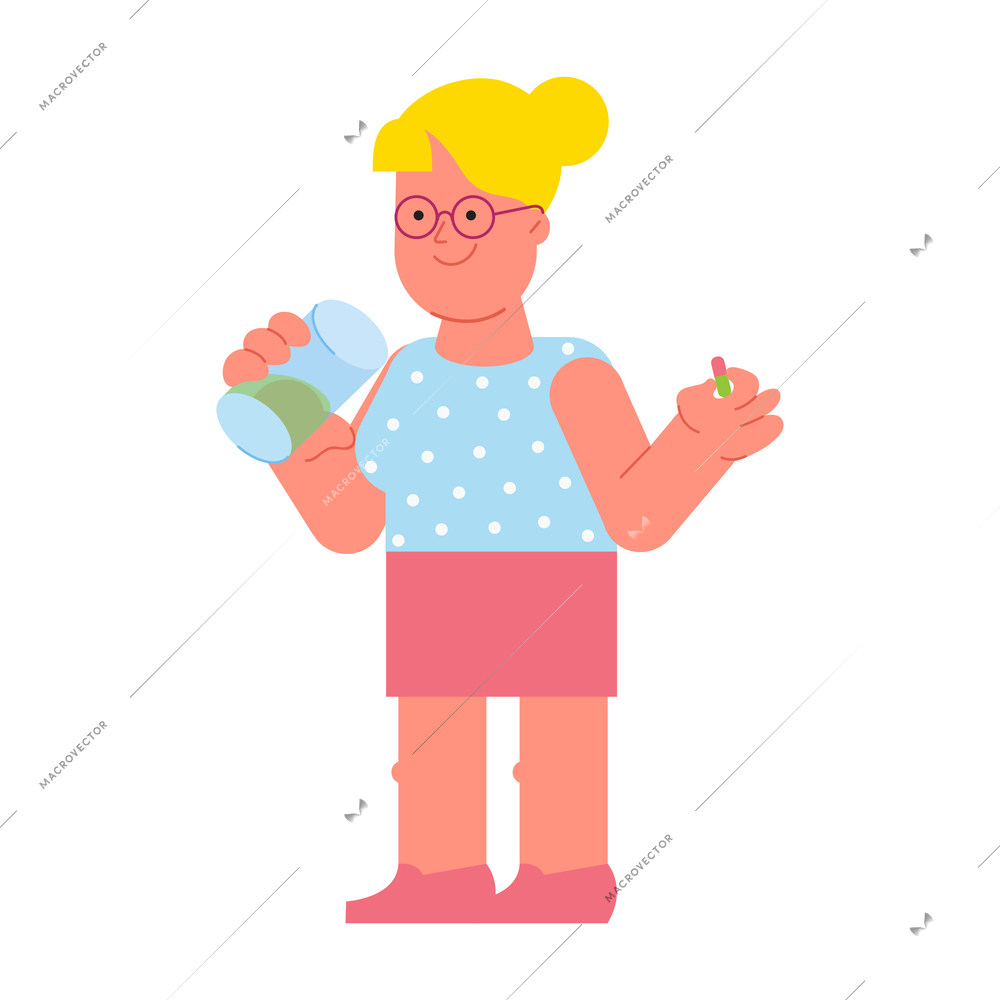 Flu viral diseases flat composition with doodle style character of teenage girl taking pill from glass can vector illustration