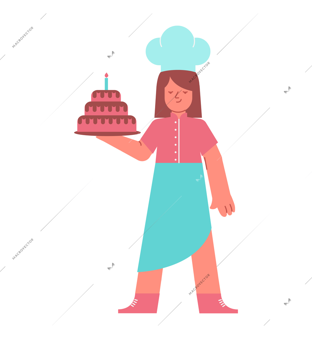 Culinary people composition with isolated female character of cook in hat holding cake on tray vector illustration