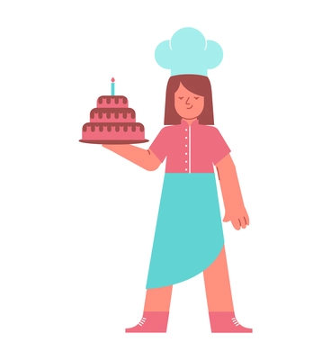 Culinary people composition with isolated female character of cook in hat holding cake on tray vector illustration