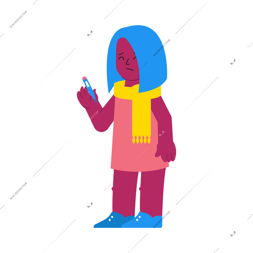 Flu viral diseases flat composition with doodle style character of sick girl holding electronic thermometer vector illustration