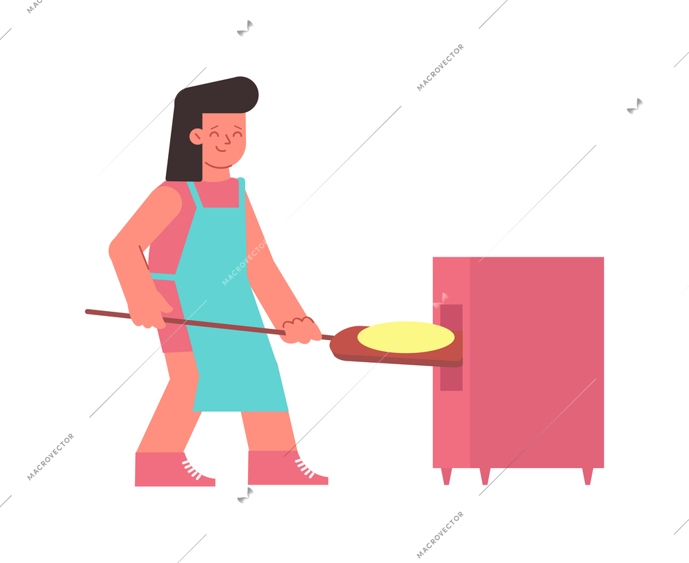 Culinary people composition with isolated character of woman putting pancake in the oven vector illustration