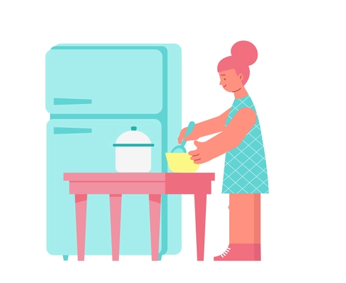 Culinary people composition with isolated character of cooking woman with pans on table and fridge vector illustration