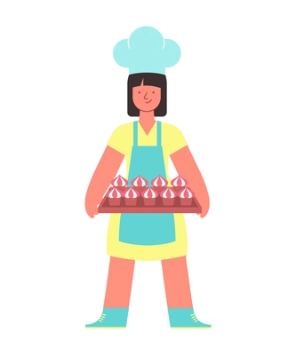 Culinary people composition with isolated character of female cook holding tray with cupcakes vector illustration