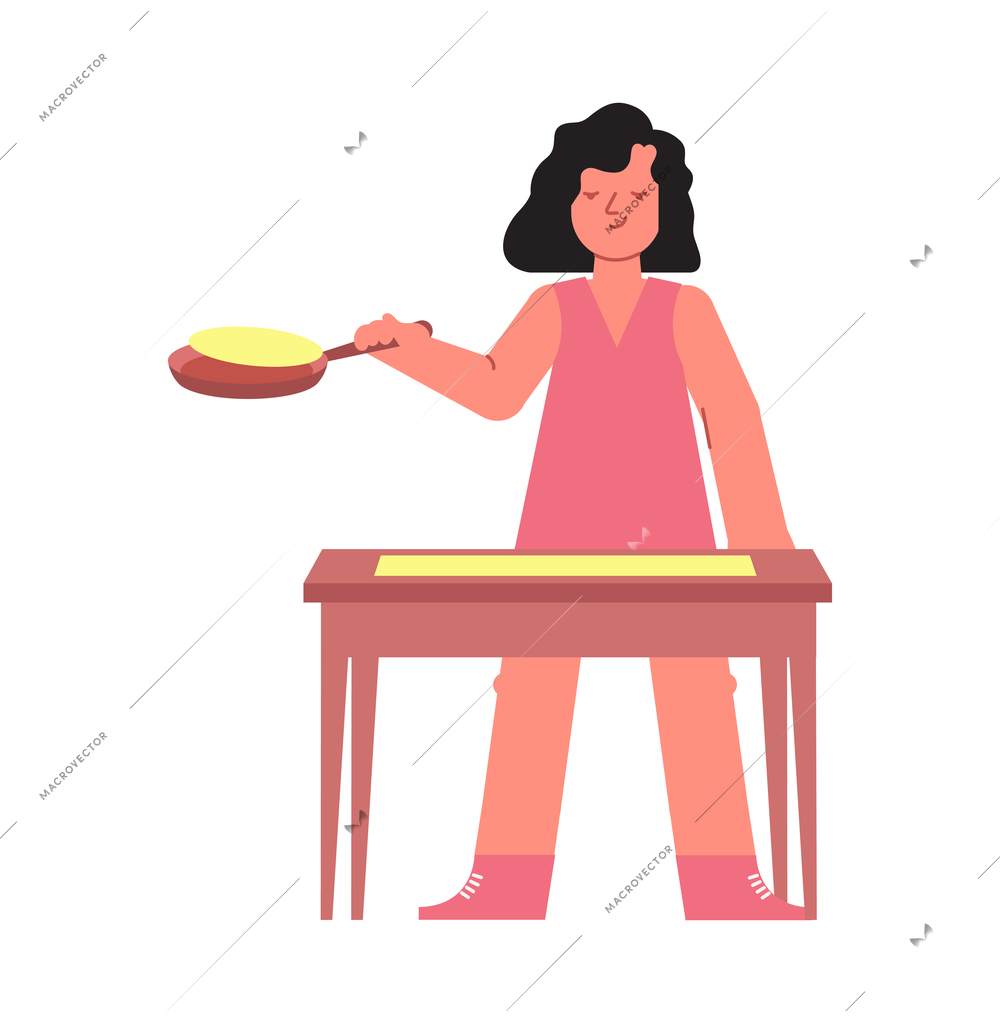 Culinary people composition with isolated image of table with dough and girl holding frying pan with pancake vector illustration