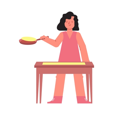 Culinary people composition with isolated image of table with dough and girl holding frying pan with pancake vector illustration