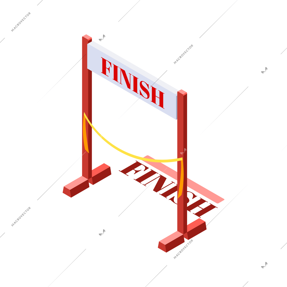 Jogging running people fitness accessories isometric composition with isolated image of finish line hurdle vector illustration